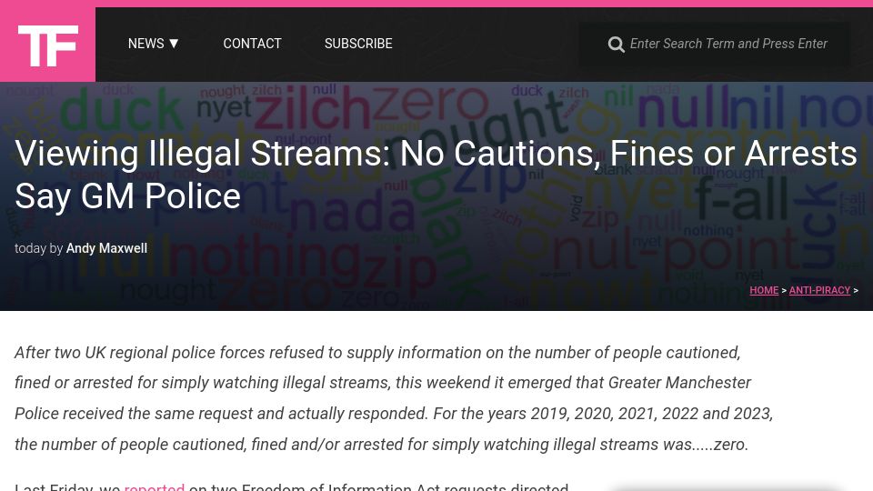 Screenshot of torrentfreak.com: Viewing Illegal Streams: No Cautions, Fines or Arrests Say GM Police
