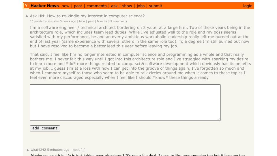 Screenshot of Hacker News post: Ask HN: How to re-kindle my interest in computer science?