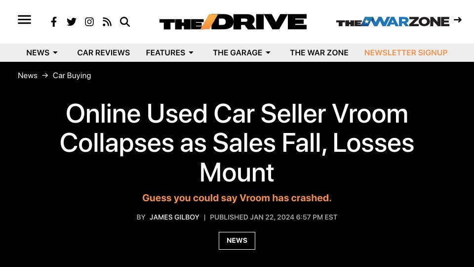 Screenshot of thedrive.com: Online used car seller Vroom collapses as sales fall, losses mount