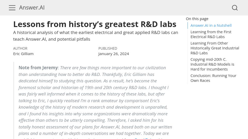 Screenshot of answer.ai: Lessons from history's greatest R&D labs