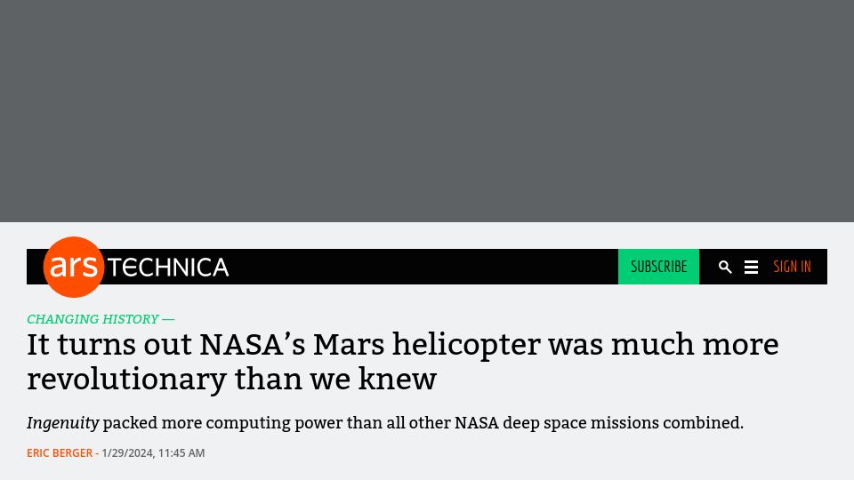 Screenshot of arstechnica.com: Ingenuity had more computing power than all NASA deep space missions combined