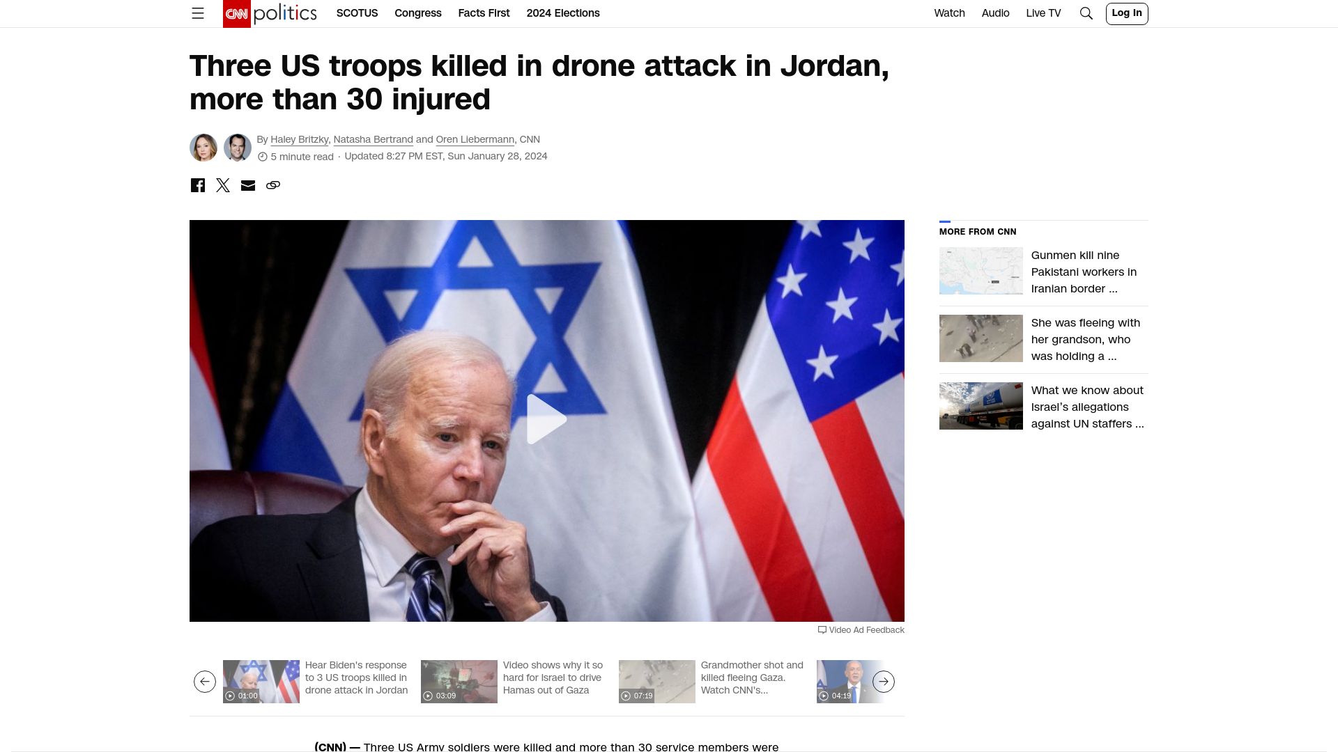 Screenshot of edition.cnn.com: Three US troops killed in drone attack in Jordan, more than 30 injured