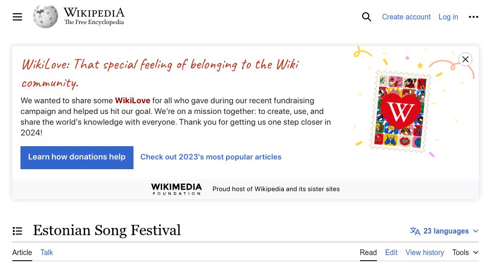 Screenshot of en.wikipedia.org: Estonian Song Festival