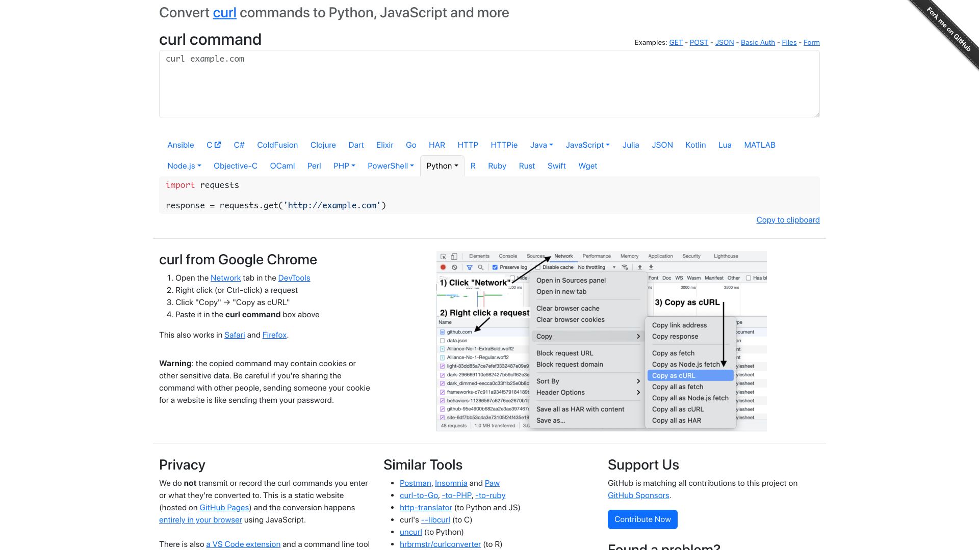 Screenshot of curlconverter.com: Convert Curl Commands to Code