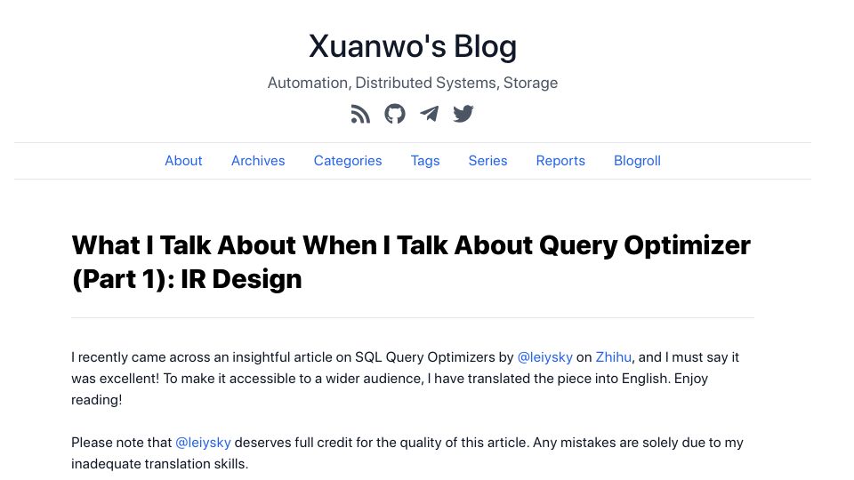 Screenshot of xuanwo.io: What I talk about when I talk about query optimizer (part 1): IR design