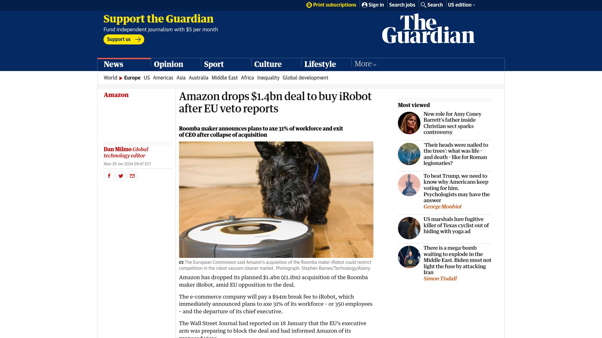 Screenshot of theguardian.com: Amazon drops $1.4B deal to buy iRobot after EU veto reports