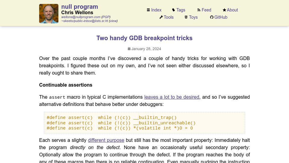 Screenshot of nullprogram.com: Two handy GDB breakpoint tricks