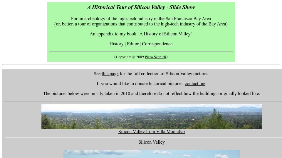 Screenshot of scaruffi.com: A Historical Tour of Silicon Valley (2010)