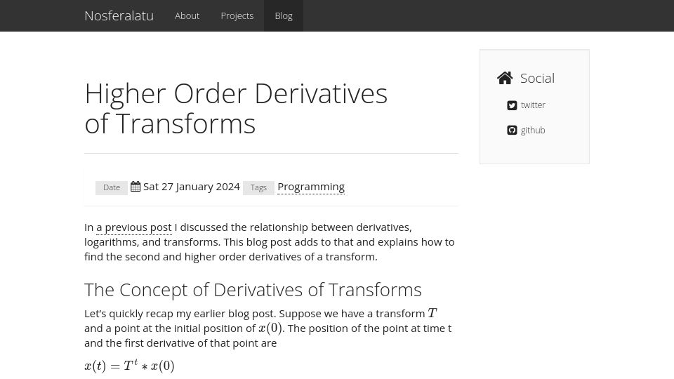Screenshot of nosferalatu.com: Higher Order Derivatives of Transforms