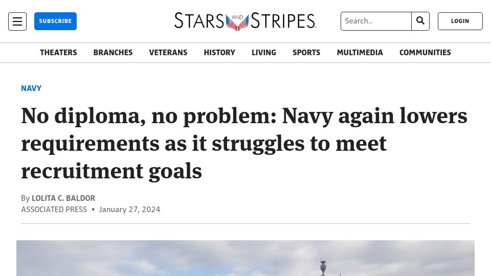 Screenshot of stripes.com: Navy again lowers requirements as it struggles to meet recruitment goals