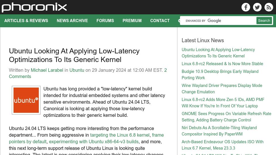Screenshot of phoronix.com: Ubuntu Looking at Applying Low-Latency Optimizations to Its Generic Kernel