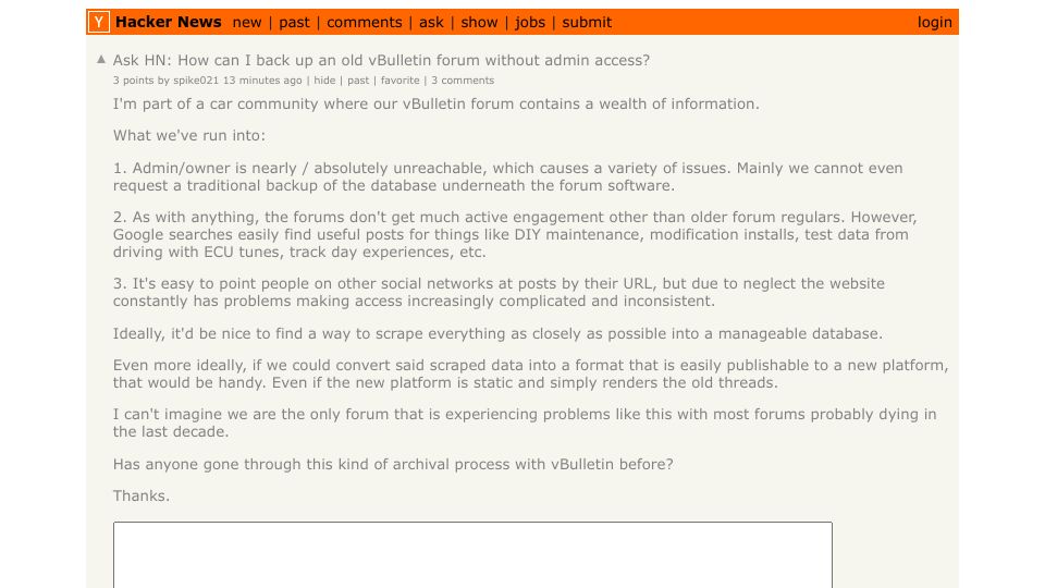 Screenshot of Hacker News post: Ask HN: How can I back up an old vBulletin forum without admin access?