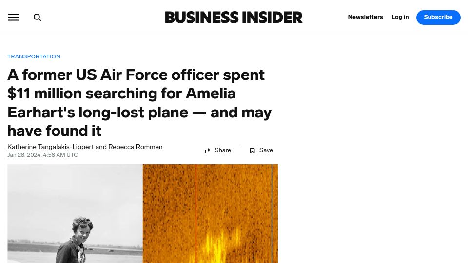 Screenshot of businessinsider.com: An Air Force officer who spent $11M searching Earhart's plane may have found it