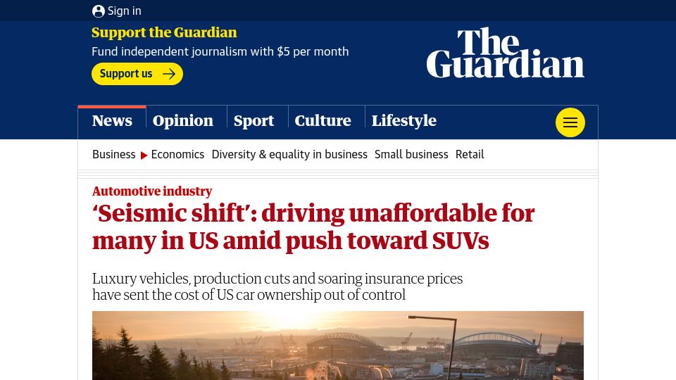 Screenshot of theguardian.com: Car ownership in the US is becoming more expensive