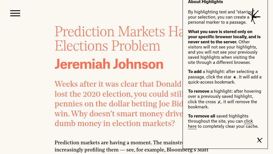 Screenshot of asteriskmag.com: Prediction markets have an elections problem