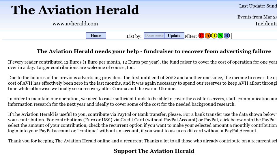 Screenshot of avherald.com: The Aviation Herald needs your help to recover from advertising failure