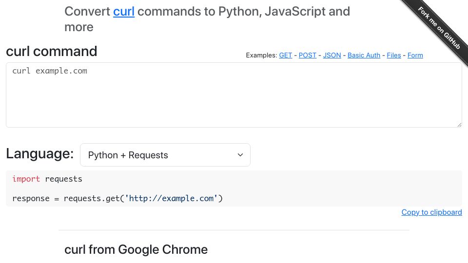 Screenshot of curlconverter.com: Convert Curl Commands to Code