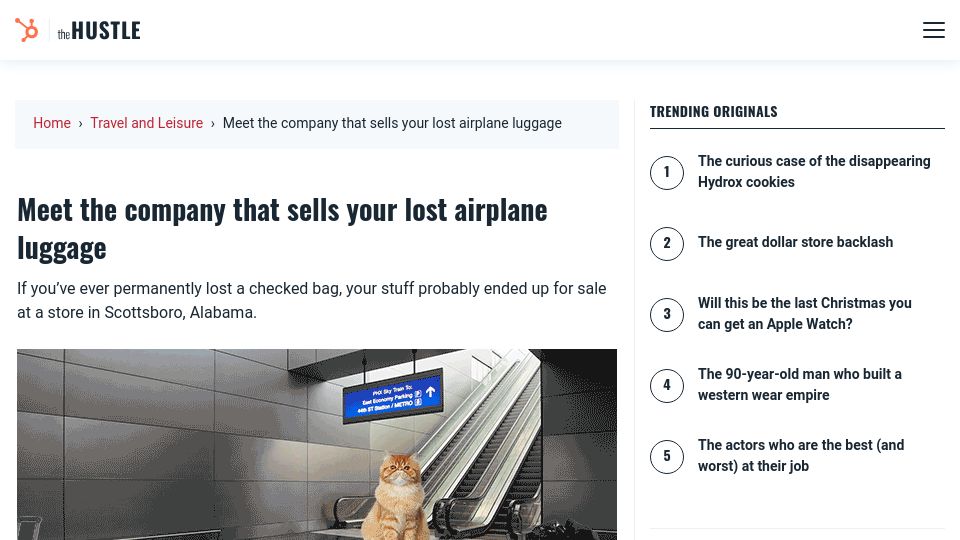Screenshot of thehustle.co: A company that sells lost airplane luggage