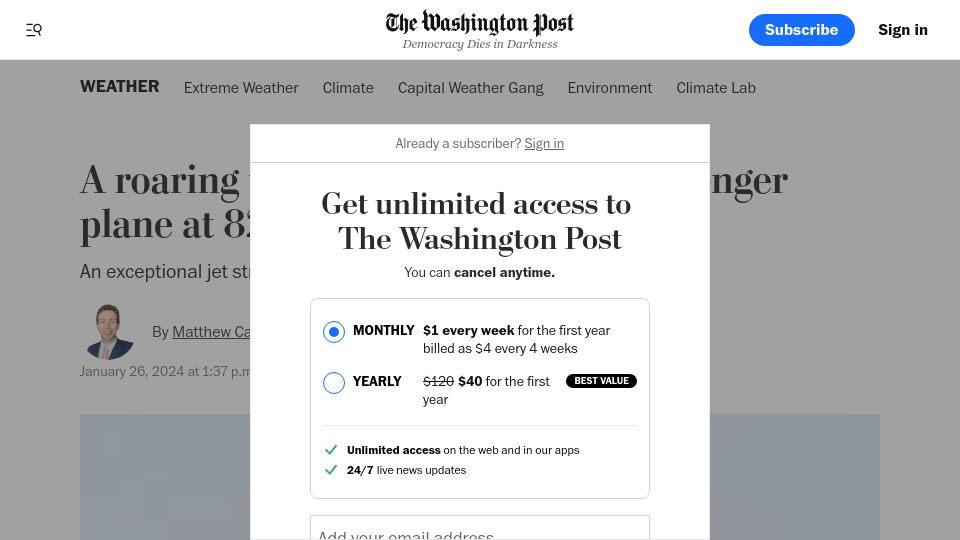 Screenshot of washingtonpost.com: Passenger flight flying over Pacific reaches 822 MPH in jet stream