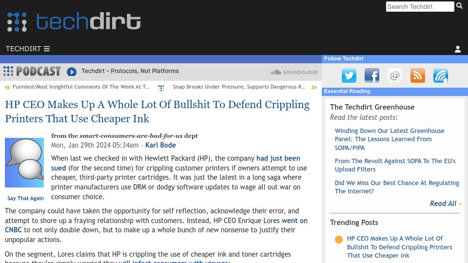 Screenshot of techdirt.com: HP CEO Makes Up a Whole Lot of Bullshit to Defend Crippling Printers