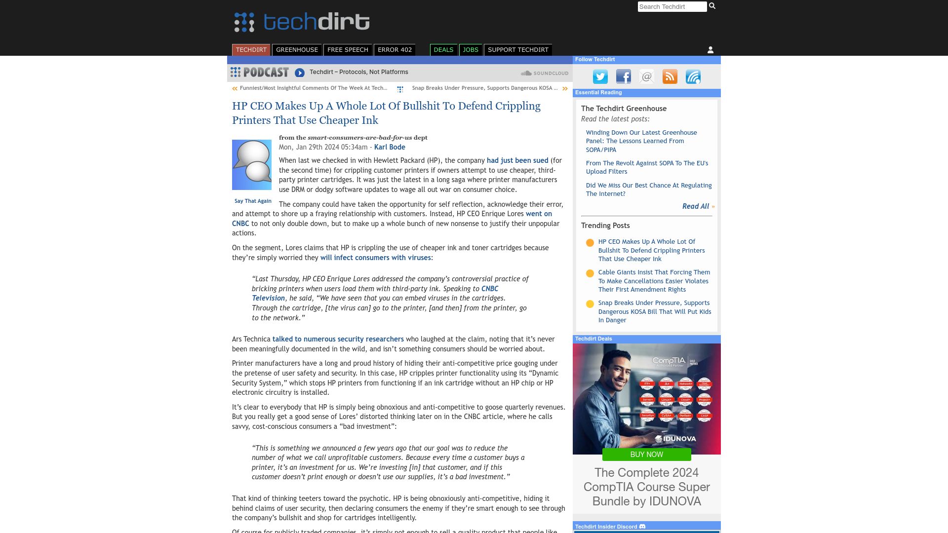 Screenshot of techdirt.com: HP CEO Makes Up a Whole Lot of Bullshit to Defend Crippling Printers