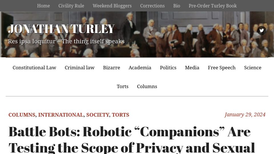 Screenshot of jonathanturley.org: Robotic "Companions" Are Testing the Scope of Privacy and Sexual Freedom