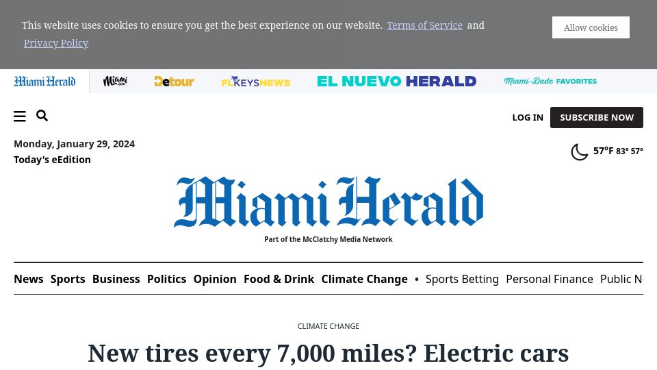 Screenshot of miamiherald.com: New tires every 7k miles? Electric cars save gas; tire wear shocks some drivers