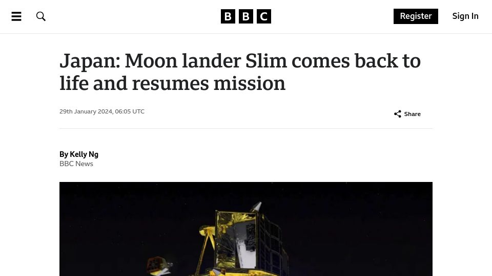 Screenshot of bbc.co.uk: Japan: Moon lander Slim comes back to life and resumes mission