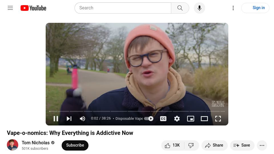Screenshot of youtube.com: Vape-o-nomics: Why Everything is Addictive Now [video]