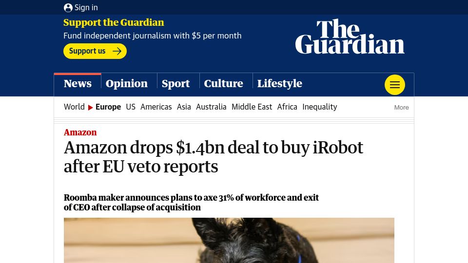 Screenshot of theguardian.com: Amazon drops $1.4B deal to buy iRobot after EU veto reports