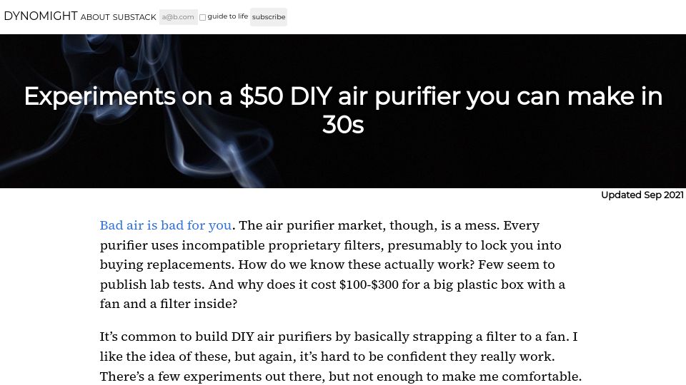 Screenshot of dynomight.net: Experiments on a $50 DIY air purifier you can make in 30s