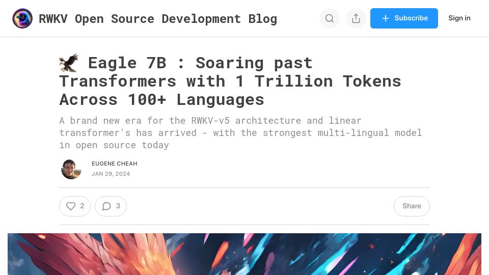 Screenshot of blog.rwkv.com: Eagle 7B: Soaring past Transformers
