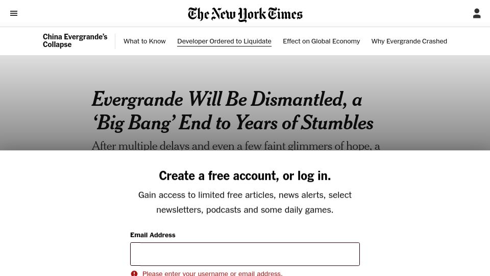 Screenshot of nytimes.com: Real estate giant China Evergrande will be liquidated