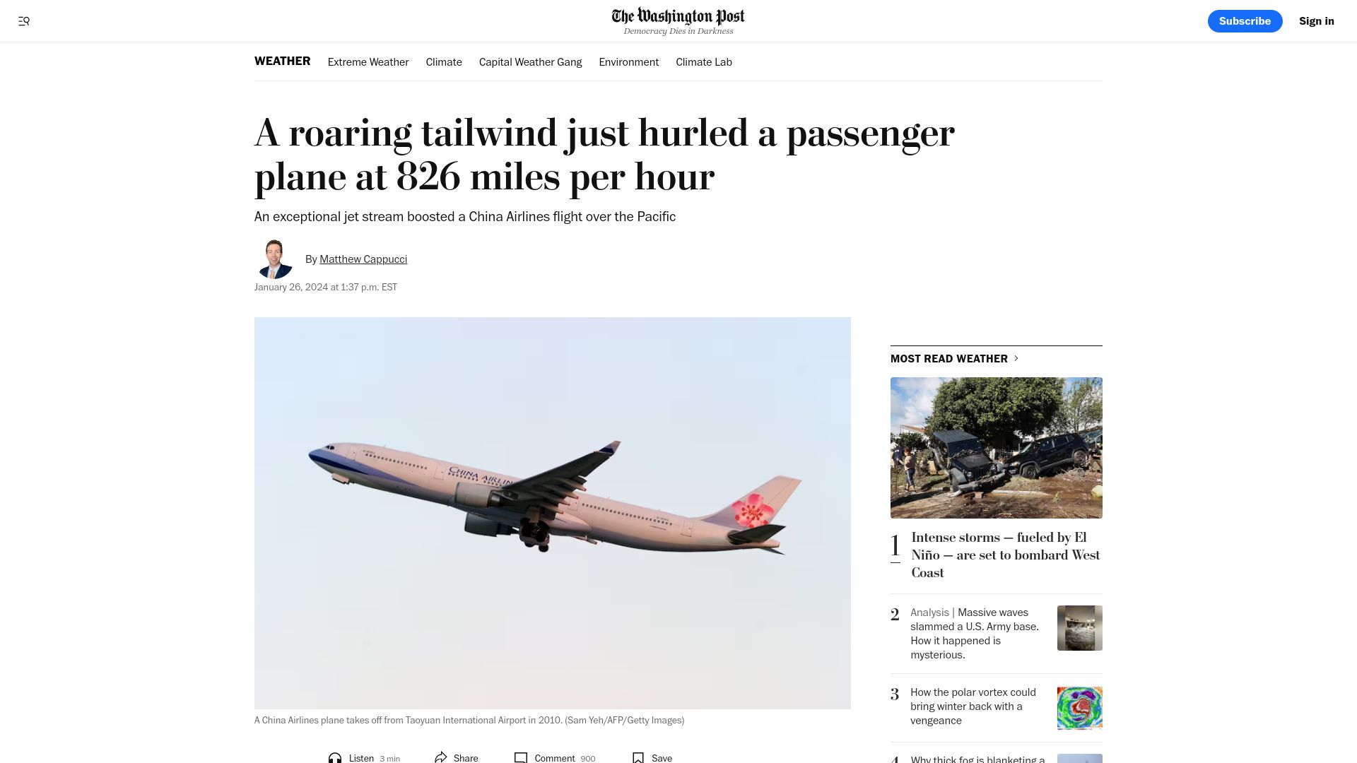 Screenshot of washingtonpost.com: Passenger flight flying over Pacific reaches 822 MPH in jet stream