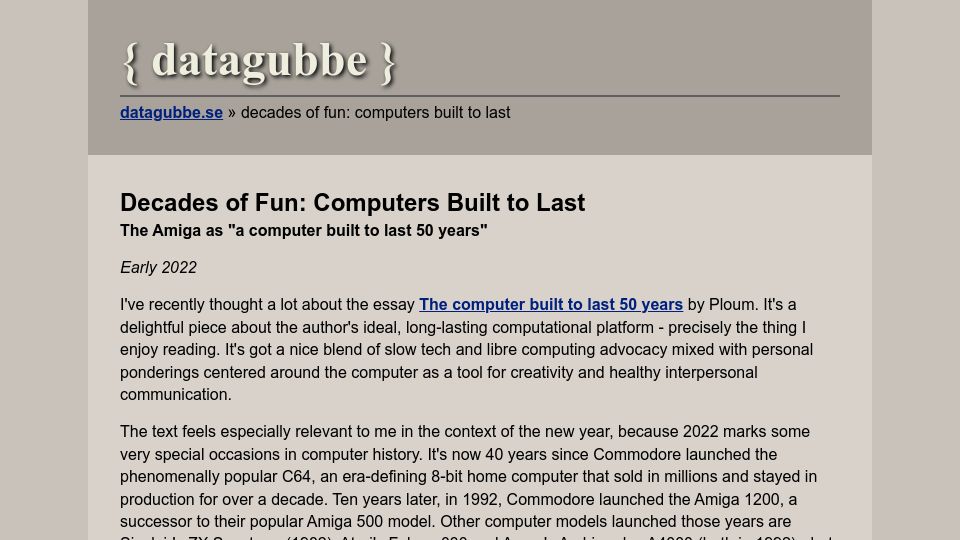 Screenshot of datagubbe.se: The Amiga as a computer built to last 50 years
