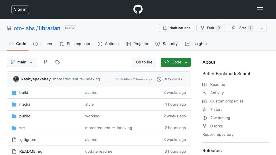 Screenshot of github.com: Show HN: Librarian - Semantic Bookmark Search Using Transformers