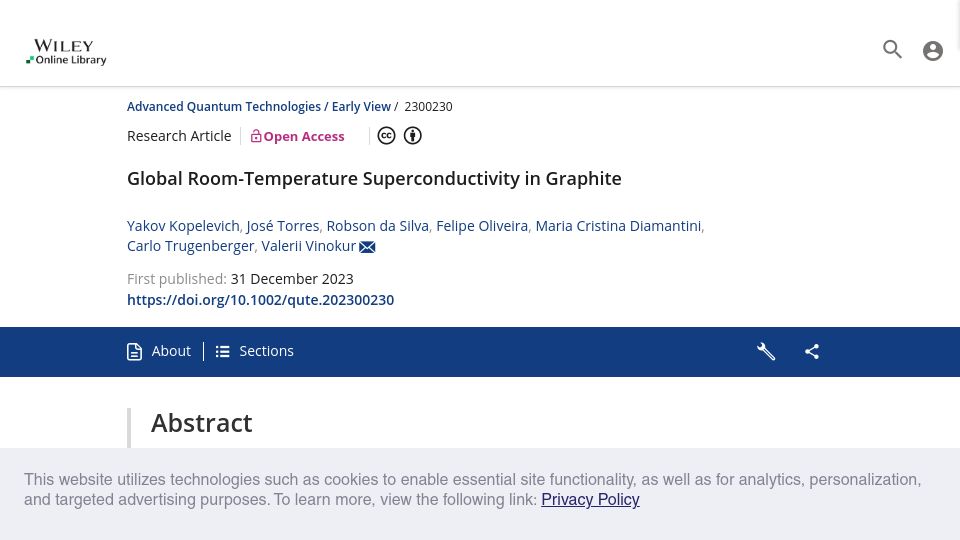 Screenshot of onlinelibrary.wiley.com: Global Room-Temperature Superconductivity in Graphite