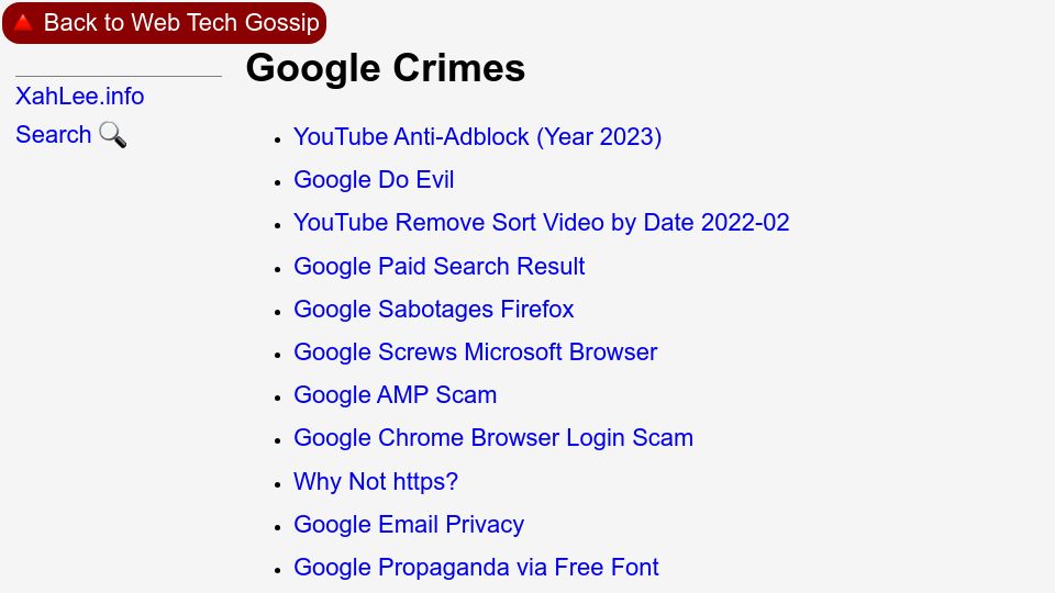 Screenshot of xahlee.info: Google Crimes