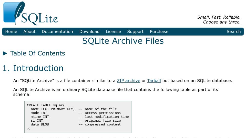 Screenshot of sqlite.org: SQLite Archive Files