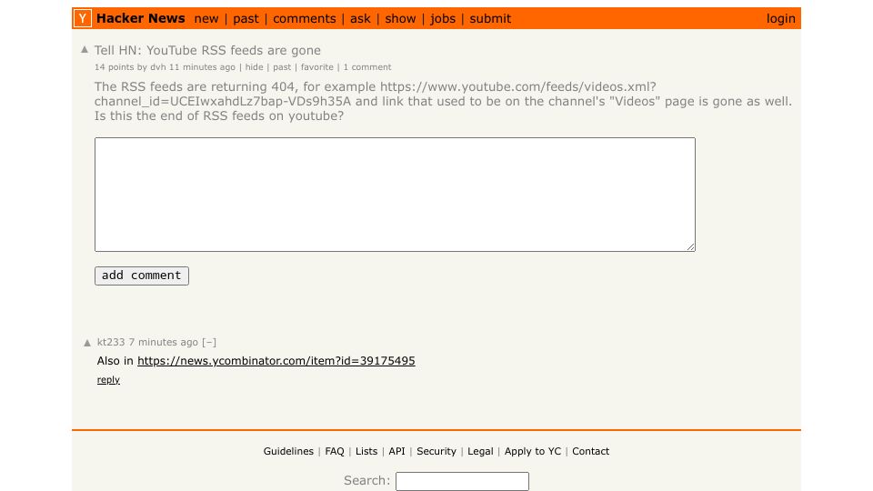 Screenshot of Hacker News post: Tell HN: YouTube RSS feeds are gone