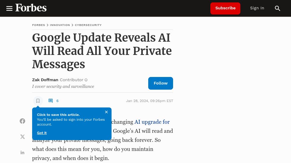 Screenshot of forbes.com: Google Update Reveals AI Will Read All Your Private Messages
