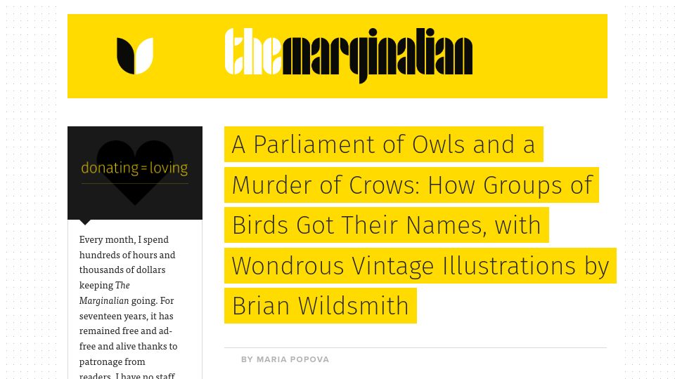 Screenshot of themarginalian.org: A parliament of owls and a murder of crows: How groups of birds got their names