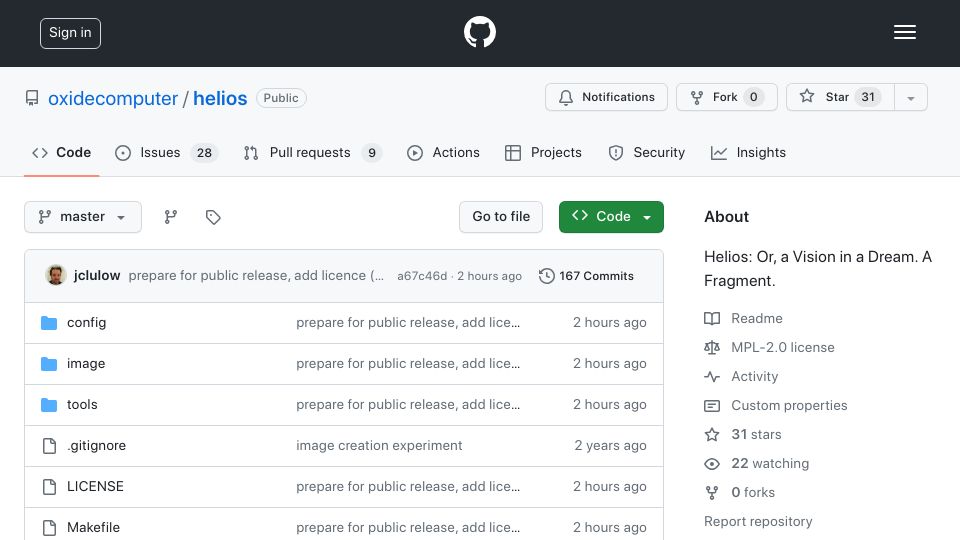 Screenshot of github.com: Helios: A distribution of Illumos powering the Oxide Rack