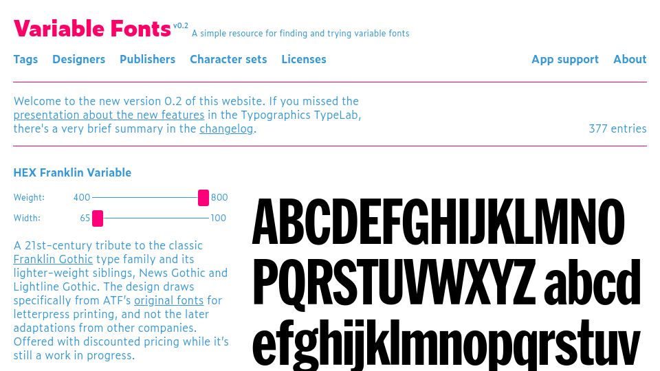 Screenshot of v-fonts.com: Variable Fonts