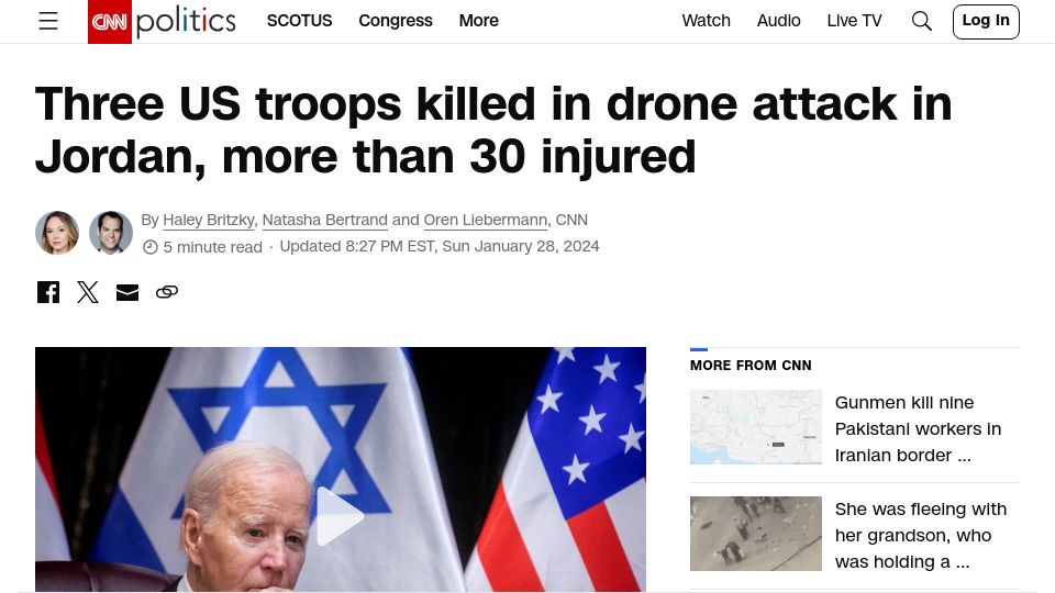 Screenshot of edition.cnn.com: Three US troops killed in drone attack in Jordan, more than 30 injured