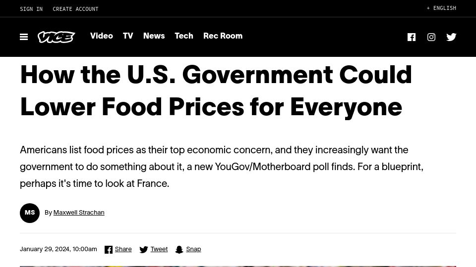 Screenshot of vice.com: How the U.S. Government Could Lower Food Prices for Everyone