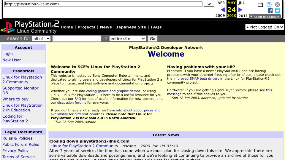 Screenshot of web.archive.org: Linux for Playstation 2