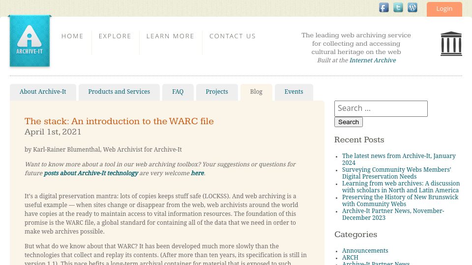 Screenshot of archive-it.org: An Introduction to the WARC File (2021)
