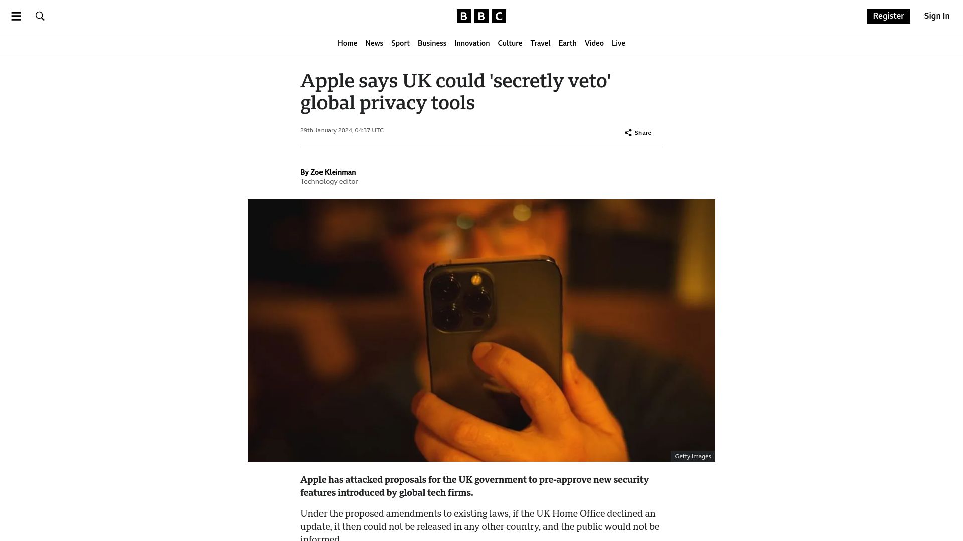 Screenshot of bbc.co.uk: Apple says UK could 'veto' global privacy tools
