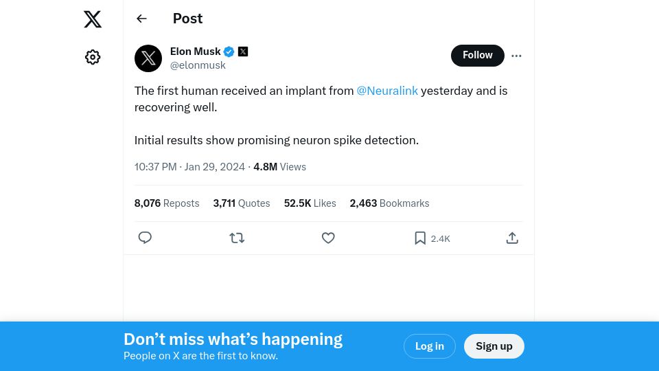 Screenshot of twitter.com: The first human received an implant from Neuralink yesterday
